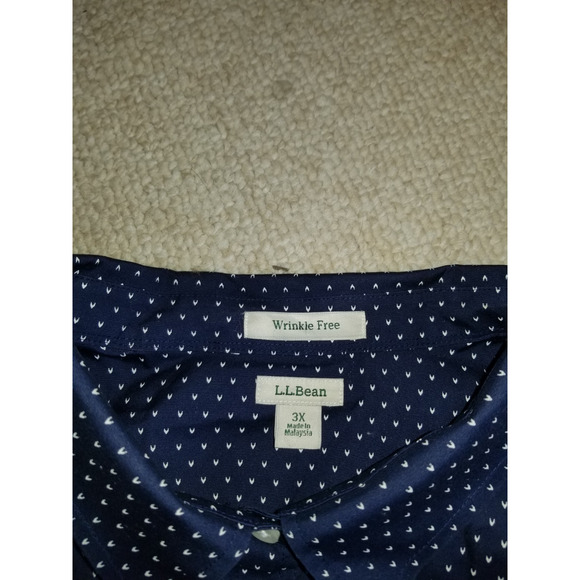 Womens Top-L.L. BEAN-navy/white patterned cotton button-up "Wrinkle Free" ls-3X - Picture 4 of 4
